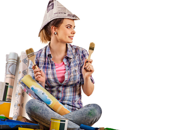 Repair home woman holding paint brush for wallpaper. - Photo, Image