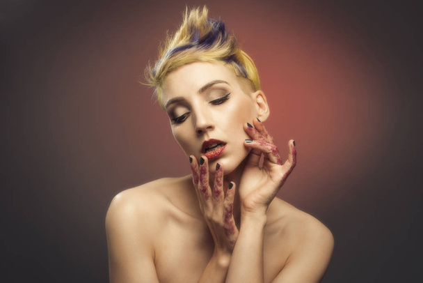 Young Woman With Glittered Hands And Lips - Fotoğraf, Görsel