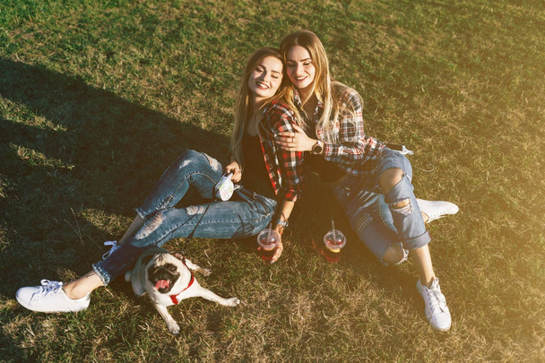 双子の姉妹がかわいいパグ犬と公園で一緒にぶら下がって - 写真・画像