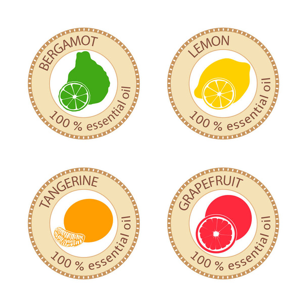 Set of flat essential oil labels. 100 percent. Bergamot, lemon, grapefruit, mandarin - Vektor, Bild