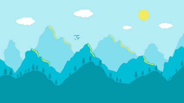 Мультяшні гори ландшафтний ранок, художній синій панорамний переглядач
 - Вектор, зображення