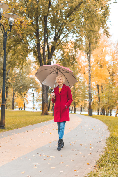 woman with umbrella in autumn park - Photo, image