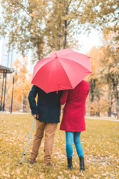couple with umbrella in autumn park - Fotoğraf, Görsel