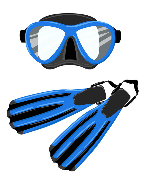 Snorkel, nadadeiras isoladas em fundo branco. Máscara de mergulho azul, snorkel e um par de nadadeiras cinzentas. Barbatanas, máscara de mergulho e tubo. Objetos de equipamento de mergulho. Natação subaquática
. - Vetor, Imagem