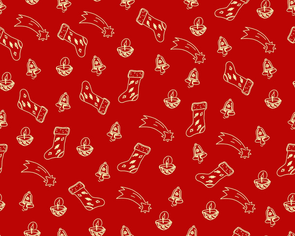 Hand getekende vector christmas thema's doodles, geïsoleerd op rode achtergrond - naadloos patroon - Vector, afbeelding