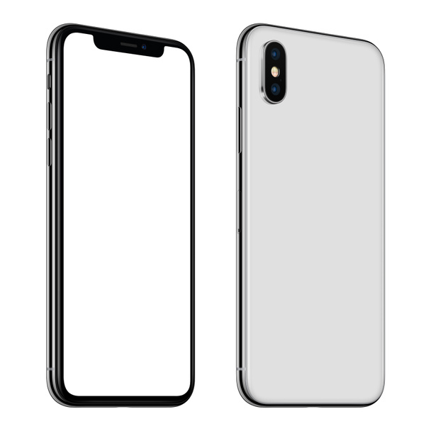 Novo modelo de smartphone branco semelhante ao iPhone X frontal e traseira CCW girado isolado no fundo branco
 - Foto, Imagem