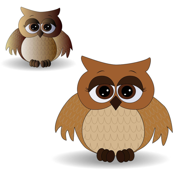Two sad owls with surprised eyes and splayed wings, with a pattern on the sternum and wings - Vector, Image