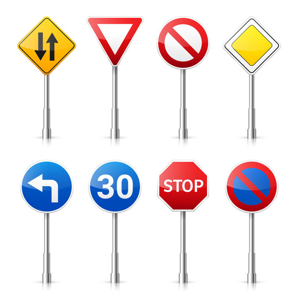 Road signs collection isolated on white background. Road traffic control.Lane usage.Stop and yield. Regulatory signs. - Vector, Image
