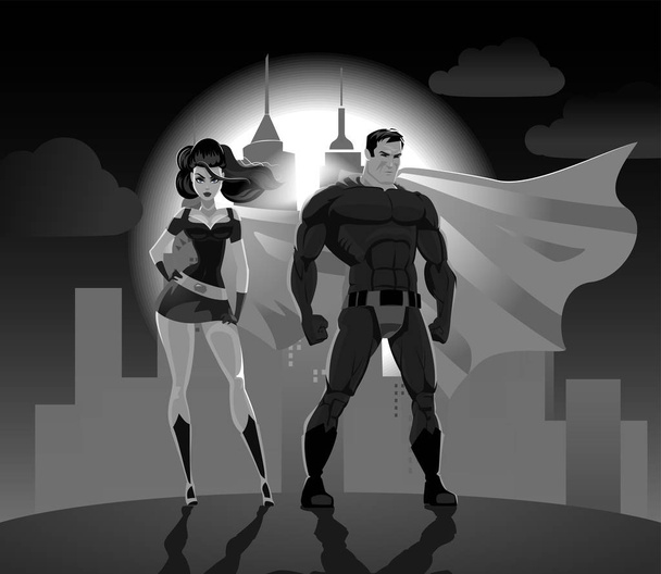 Supersankari pari: mies ja nainen supersankareita, poseeraa edessä valoa
 - Vektori, kuva