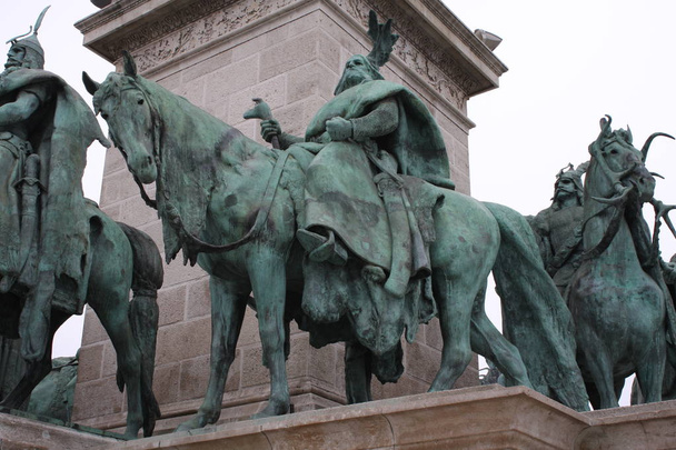 Heroes Square in Budapest, details of statues and monuments in the square - Photo, Image