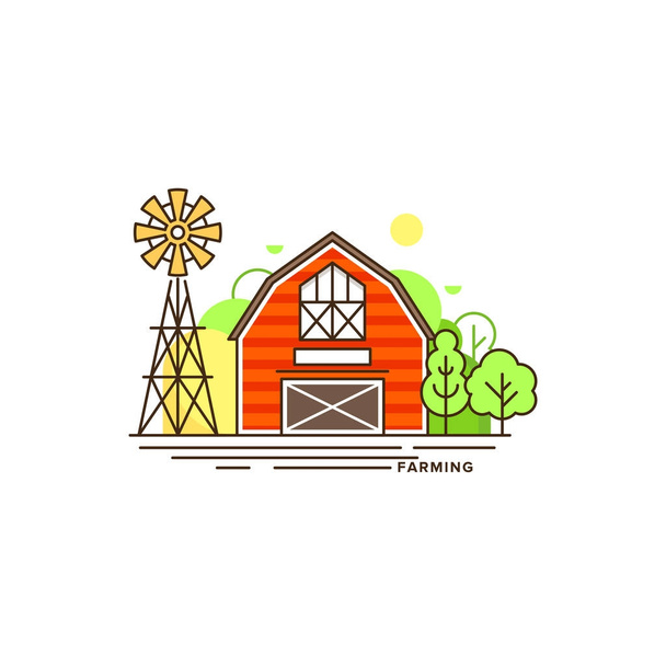 Red farm building vector flat illustration isolated on white background. Eco farming icon, logo flat vector concept with a house and landscape linear style illustration - Vector, Image