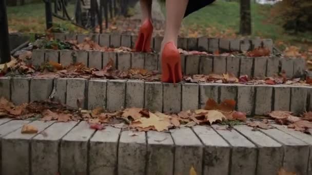 オレンジ色のハイヒールの女性靴歩行 2 階 - 映像、動画