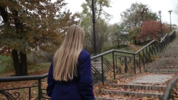 Betäubte Frau steigt Treppe im Herbstpark hinauf - Filmmaterial, Video