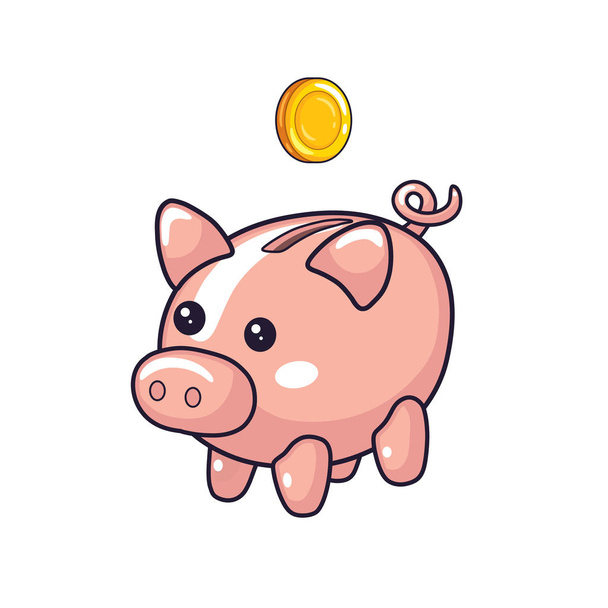 Piggy moneybox en een munt. - Vector, afbeelding