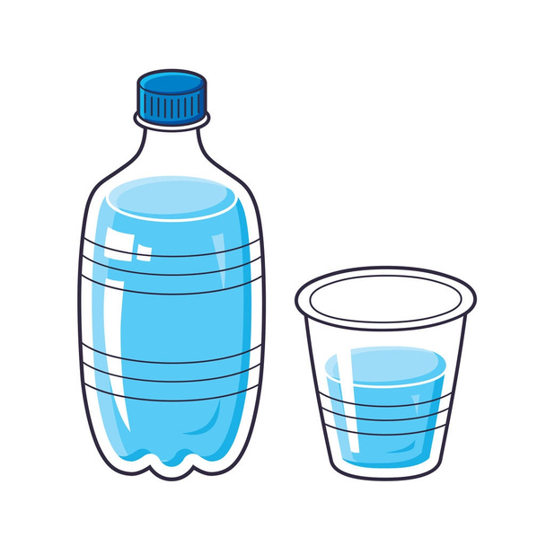 Μπουκάλι νερό και πλαστικό ποτήρι ή γυάλινο. - Διάνυσμα, εικόνα