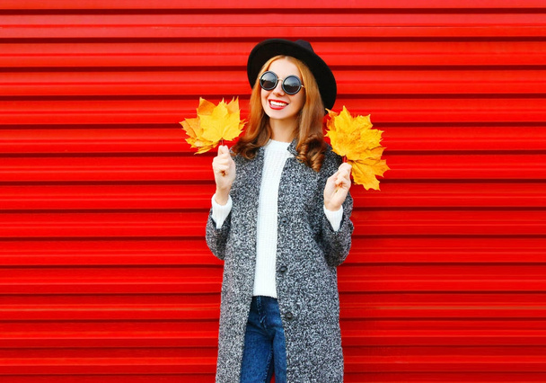 Fashion autumn smiling woman holds yellow maple leaves on a red  - Foto, imagen