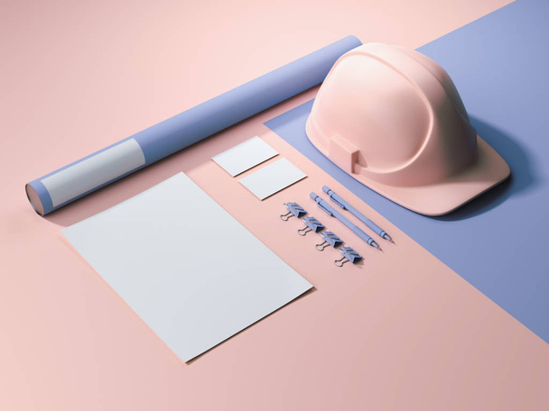 Blue-pink branding mockup with blank sheets, envelope and hard hat. 3d rendering - Фото, изображение