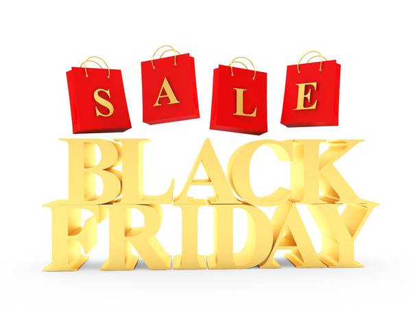 Golden text Black Friday and red shopping bags with word Sale on white - Φωτογραφία, εικόνα