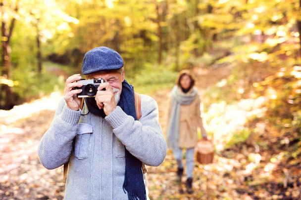 Senior couple on a walk in autumn forest. - Zdjęcie, obraz