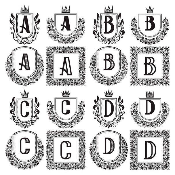Isolated vintage monograms set. Heraldic logos with A, B, C, D letter. Black coats of arms in wreaths, round and square frames. - Vector, Image