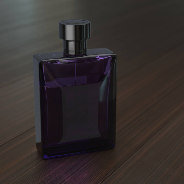 3D rendering perfume bottle on a wooden table - Fotoğraf, Görsel