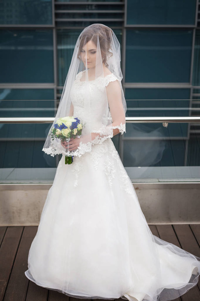 Bride in veil against of the city architecture - Photo, Image