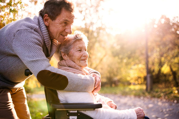Hombre y mujer mayores en silla de ruedas en otoño
. - Foto, Imagen