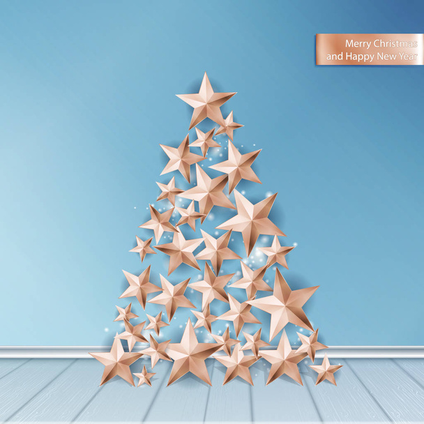 Christmas Background with Christmas Tree of Cutout Shining Gold Stars in Scandinavian Interior - Vector, Image