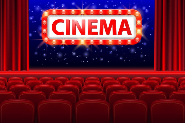 Realistische cinema hall interieur met rode zetels. Retro stijl bioscoop teken met spot licht frame. Film premiere posterontwerp. Vectorillustratie. - Vector, afbeelding