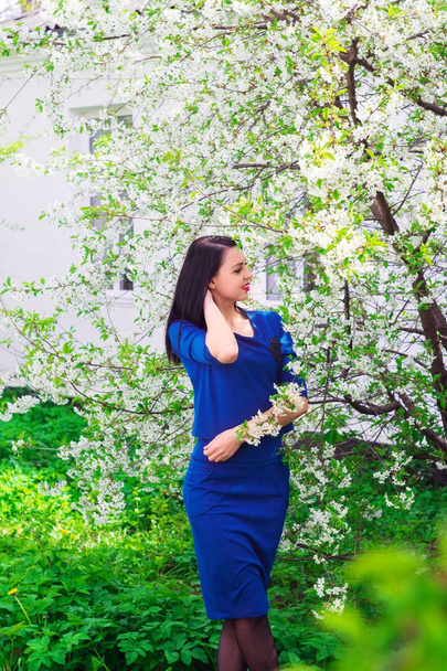 Young beautiful woman in spring blossoming garden - Foto, imagen