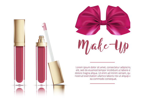 Vector illustration of liquid lipstick with ribbon bow. Cosmetic make up banner. - Vettoriali, immagini