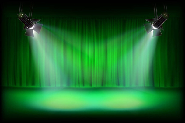緑のカーテンとステージ。ベクトル図. - ベクター画像