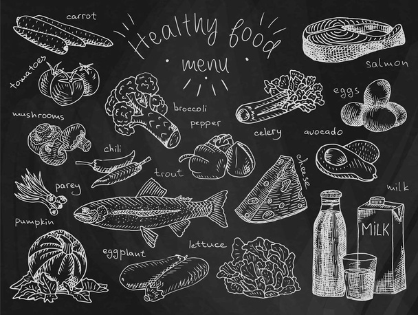 Zdrowe jedzenie menu, awokado, brokuły, marchew, seler, ser, chili, bakłażan, jaja, ryby, sałata, mleka, Grzyb, dyni, łososia, pomidory, pstrąg, cebula, pieprz na tle tablica - Wektor, obraz