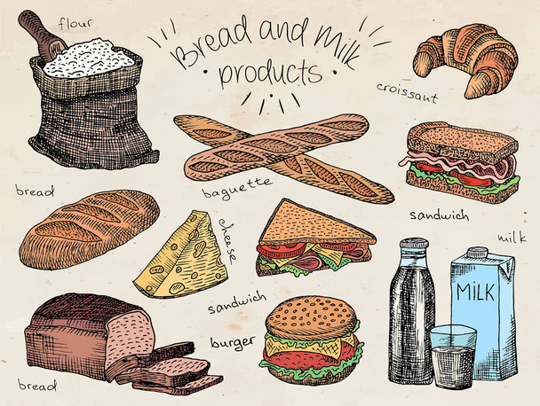 Chleb i mleko produkty - Wektor, obraz