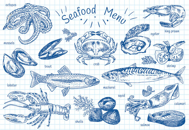меню из морепродуктов, осьминог, мидий, лобстеров, форели, раковин, макрелей, крабов, устриц, королевских креветок, креветок, кальмаров, лососей, кальмаров
 - Вектор,изображение