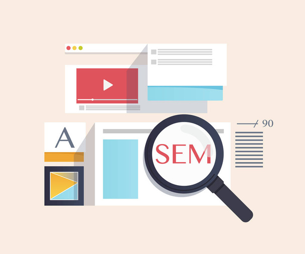 concept van Sem - Search Engine Marketing, digitale marketing, creatieve internet strategie en markt promotie bedrijfsontwikkeling. - Vector, afbeelding