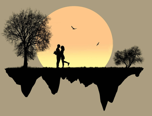 Lovers in front a full moon - Vector, Image