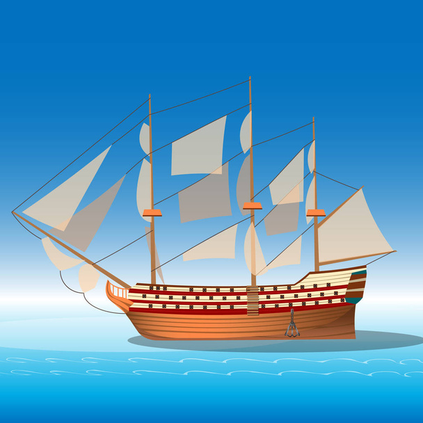Wooden ship in sea. - Vector, Image
