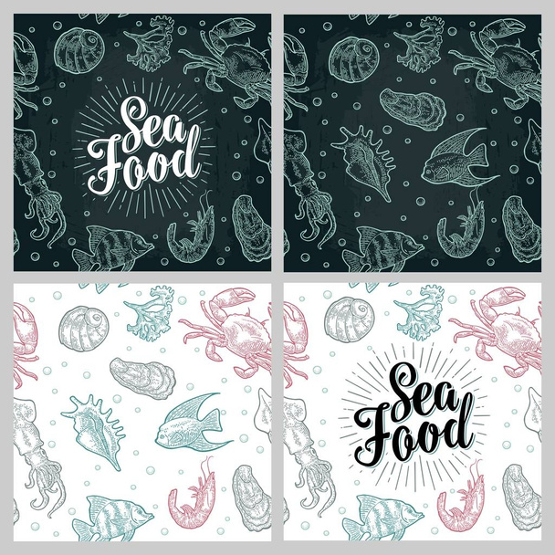 Moře potraviny nápisy a vzor bezešvé shell, krab, krevety, ryby. - Vektor, obrázek