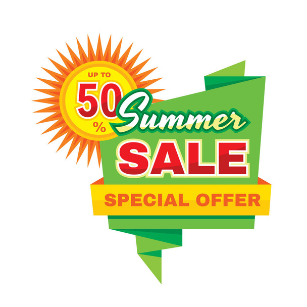 Summer sale - vector concept banner illustration in origami style on white background. Discount up to 50%. Special offer creative badge layout. Abstract advertising promotion sticker. Design element.  - Wektor, obraz