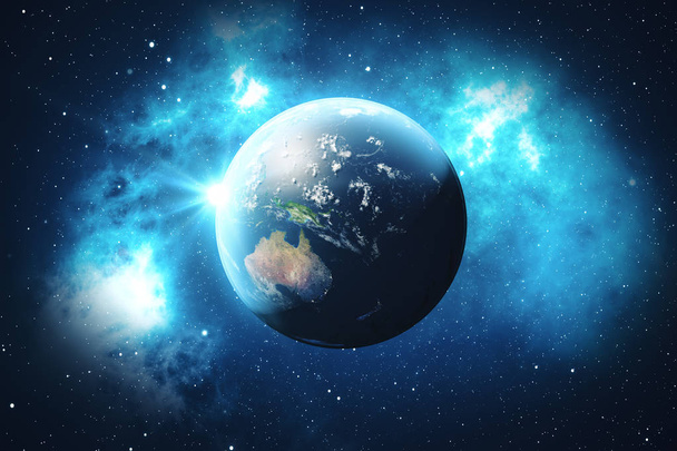 3D rendering wereldbol. Earth Globe met achtergrond sterren en nevel. Aarde, Galaxy en zon vanuit de ruimte. Blauwe Sunrise. Elementen van dit beeld ingericht door Nasa - Foto, afbeelding