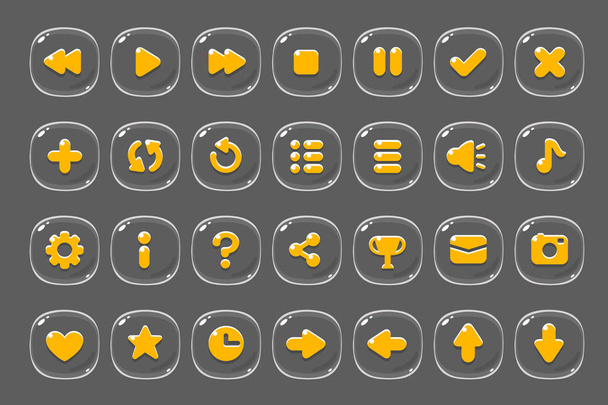 Набор кнопок для игр, приложений и веб-сайтов. Симпатичный дизайн кнопок мультфильма. Серо-желтая тема
. - Фото, изображение