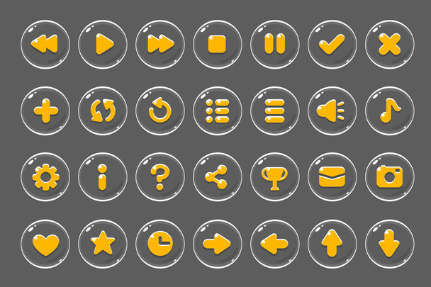 Σύνολο κουμπιών για παιχνίδια, εφαρμογές και ιστοσελίδες. Σχεδίαση κινουμένων σχεδίων χαριτωμένο κουμπιά. Γκρι και κίτρινο θέμα. - Φωτογραφία, εικόνα
