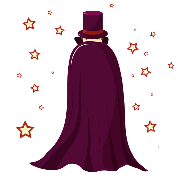 紫色のローブの魔術師奇術師が覆われています。不思議な顔。目だけが表示されます。魔法の星周り - ベクター画像
