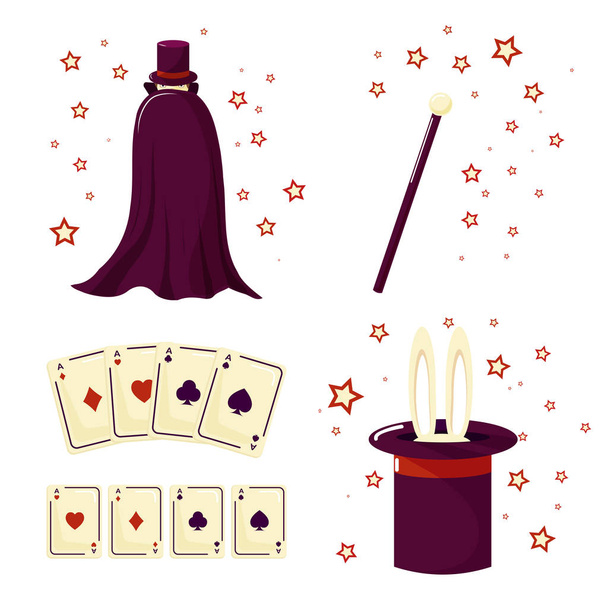 Un ensemble d'illusionnistes. Magicien, lapin, cartes et baguette magique
. - Vecteur, image