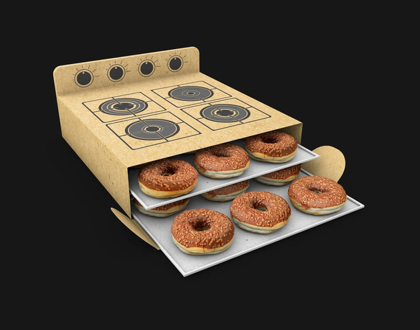 3d Illustration of Cardboard Cooker with Cake inside, Isolated on black Background. - Photo, Image