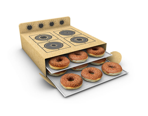 Cardboard Cooker with Cake inside, Isolated on White Background. 3d Illustration - Photo, Image