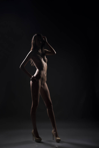 Silhouette of the thin slim naked girl on a dark background - Fotoğraf, Görsel