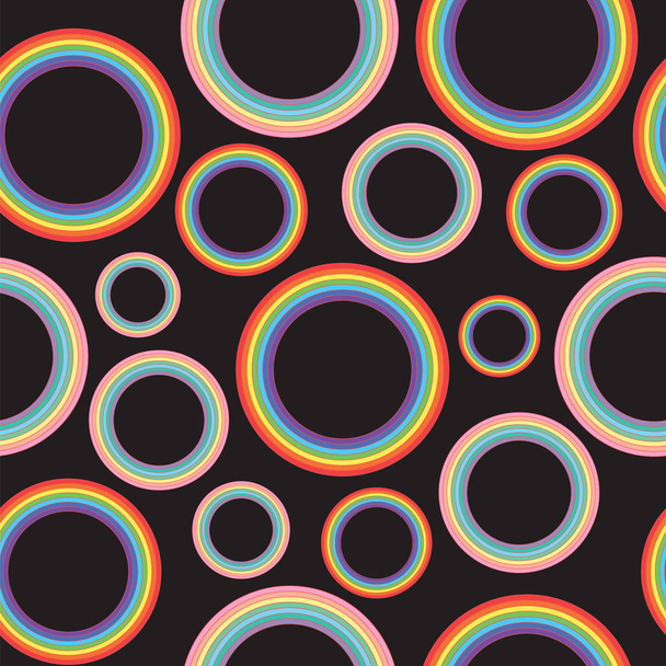verschiedene pastellfarbene Regenbogenkreise auf schwarzem Hintergrund - oldschool - Vektor, Bild