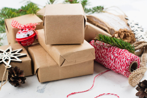 Pile of Christmas gift boxes with decor - Foto, imagen